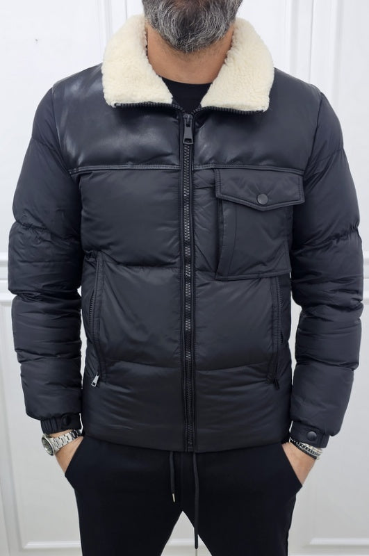 Giubbino uomo impermabile nero cappuccio estraibile collo in eco pelliccia s,m,l,xl,xxl