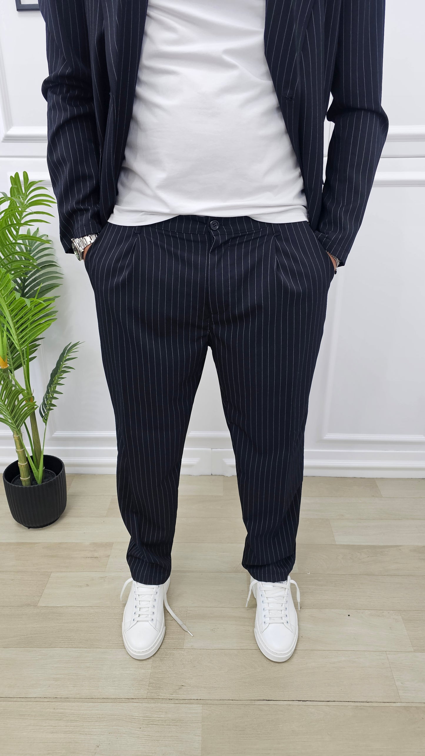 Abito uomo PARIGI doppiopetto Gessato Nero 1 Bottone Giacca corta +T-shirt+pantalone palazzo 44,46,48,50,52