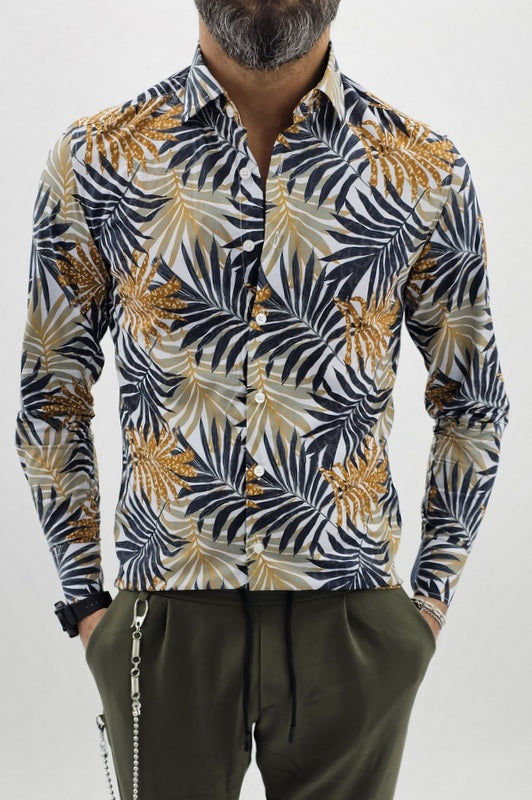 Camicia uomo Tessuto Elastico Collo Floreale blu Manica lunga Foglie slim casual