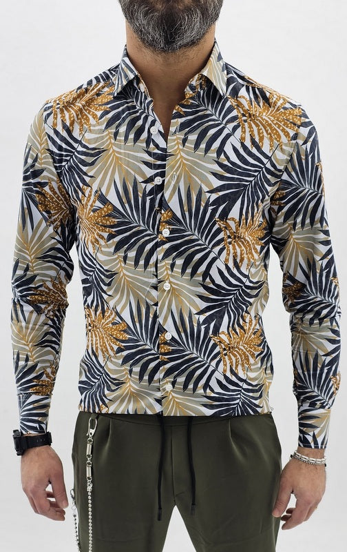 Camicia uomo Tessuto Elastico Collo Floreale blu Manica lunga Foglie slim casual