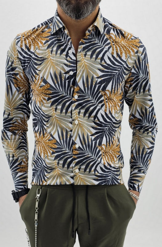 Camicia uomo Tessuto Elastico Collo Floreale blu Manica lunga Foglie slim casual