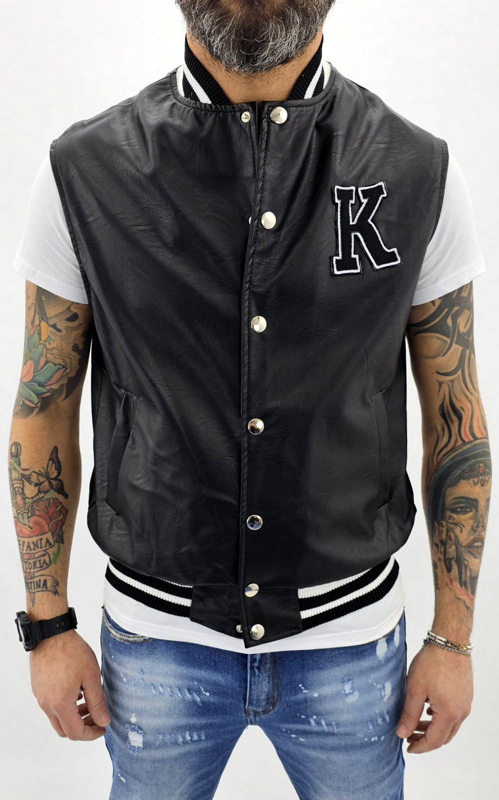 Smanicato gilet' Uomo college over size Foderato Eco pelle Nero Primaverile