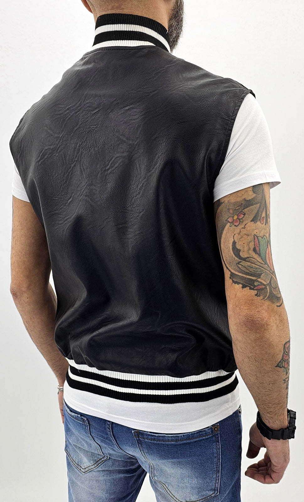 Smanicato gilet' Uomo college over size Foderato Eco pelle Nero Primaverile