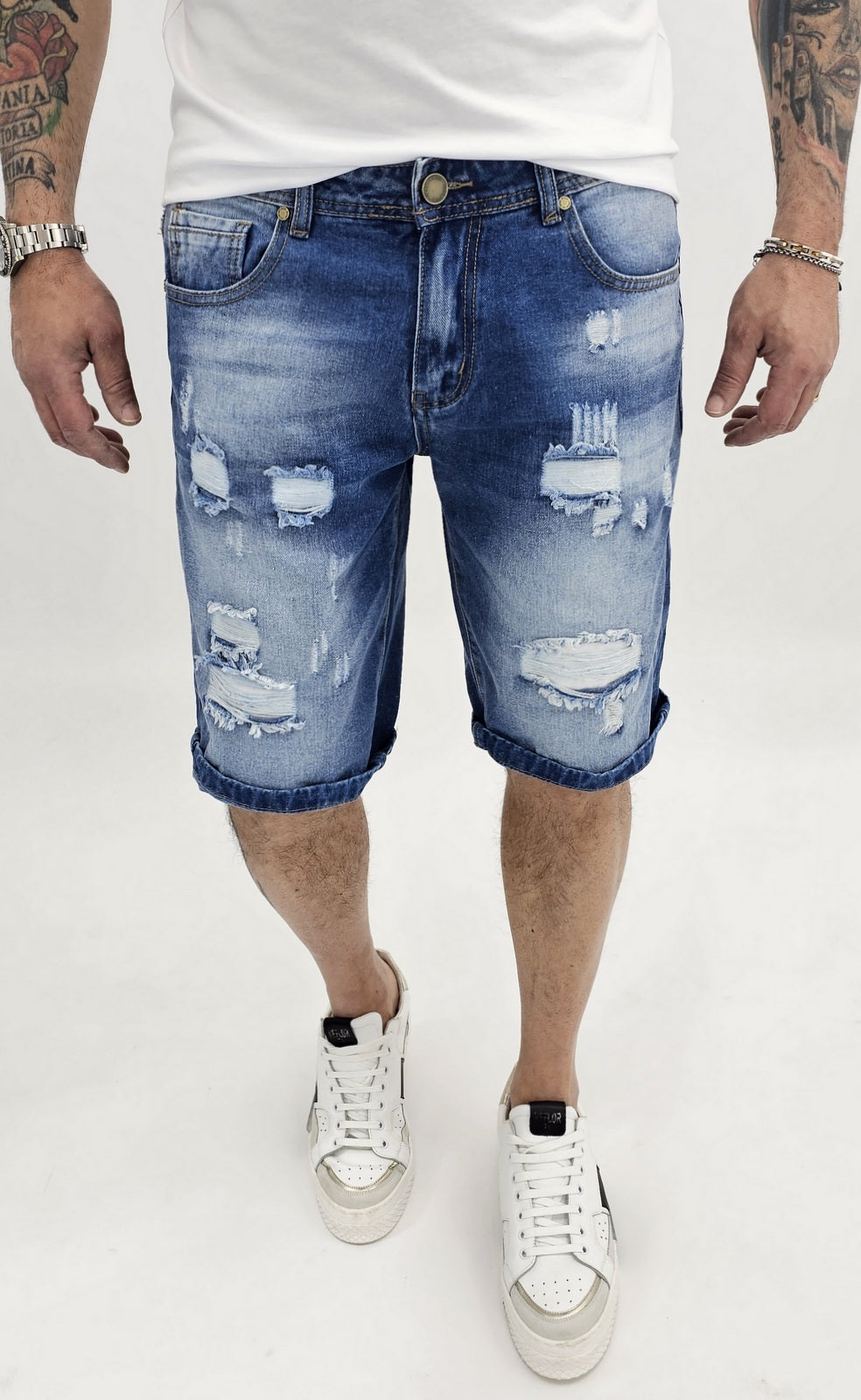 Pantaloncini Uomo Bermuda Jeans Catena strappi  Pantaloni Corti Cotone