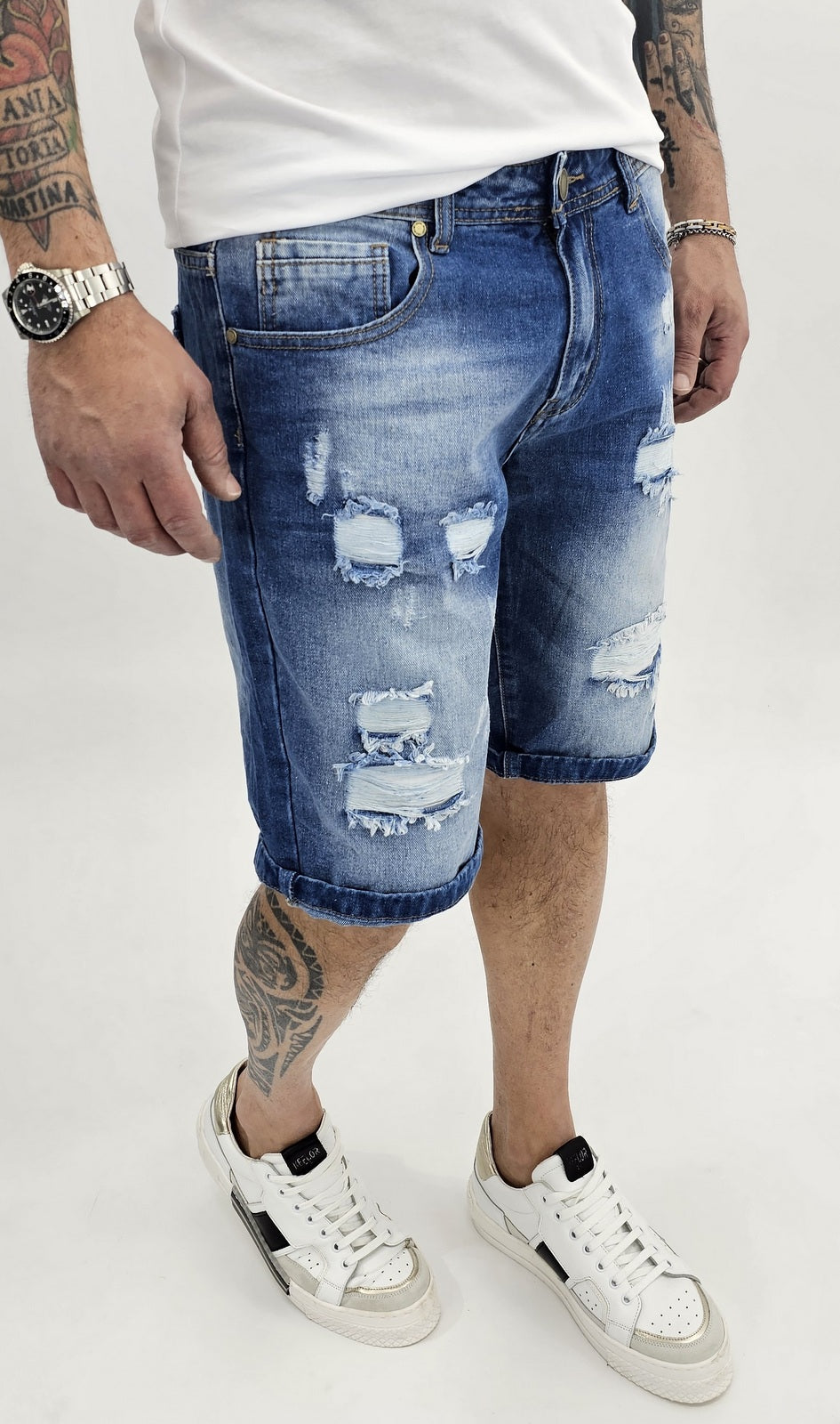 Pantaloncini Uomo Bermuda Jeans Catena strappi  Pantaloni Corti Cotone