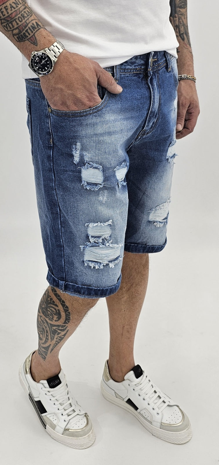 Pantaloncini Uomo Bermuda Jeans Catena strappi  Pantaloni Corti Cotone