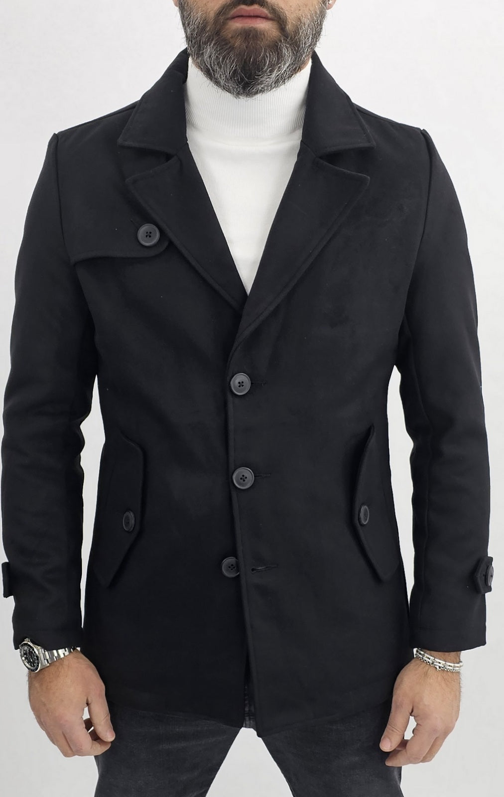 Cappotto Uomo Invernale monopetto Giacca Slim fit scamosciato nero