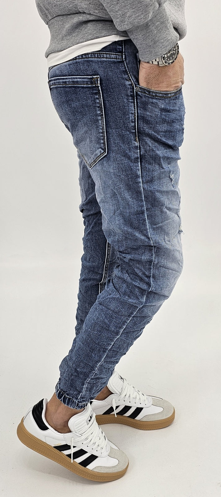 Jeans denim uomo Slim fit caviglie a molla elasticizzati strech con strappi 161