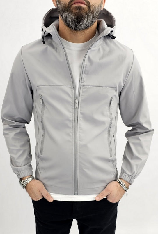Giubbino uomo primaverile Cappuccio tech nero/grigio/verde