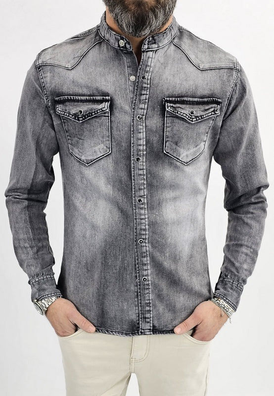 Camicia di Jeans uomo coreana nero sfumata denim a manica Lunga slim madreperla elastica