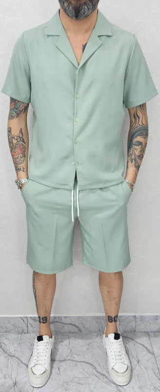 Completo uomo Camicia e bermuda tessuto fiammato elastico 5 colori s,m,l,xl,xxl