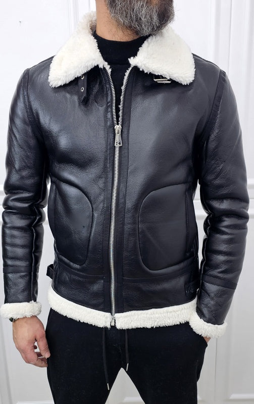 Montone Uomo Invernale ecopelle corto aviatore eco pelliccia Nero s,m,l,xl,xxl