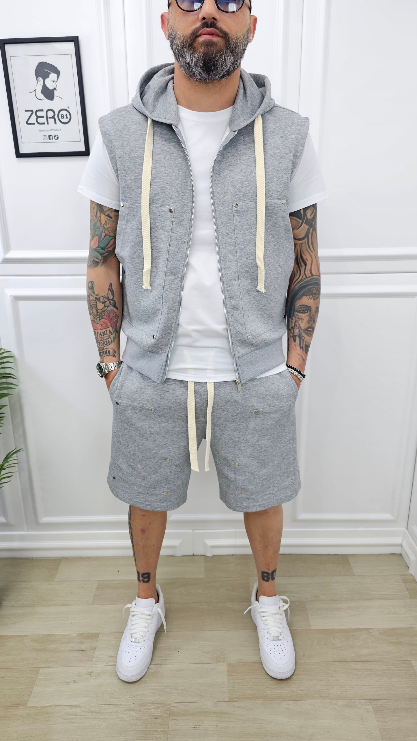 COMPLETO PRAGA GRIGIO BERMUDA+SMANICATO CAPPUCCIO+T-SHIRT S.M.L.XL.XXL