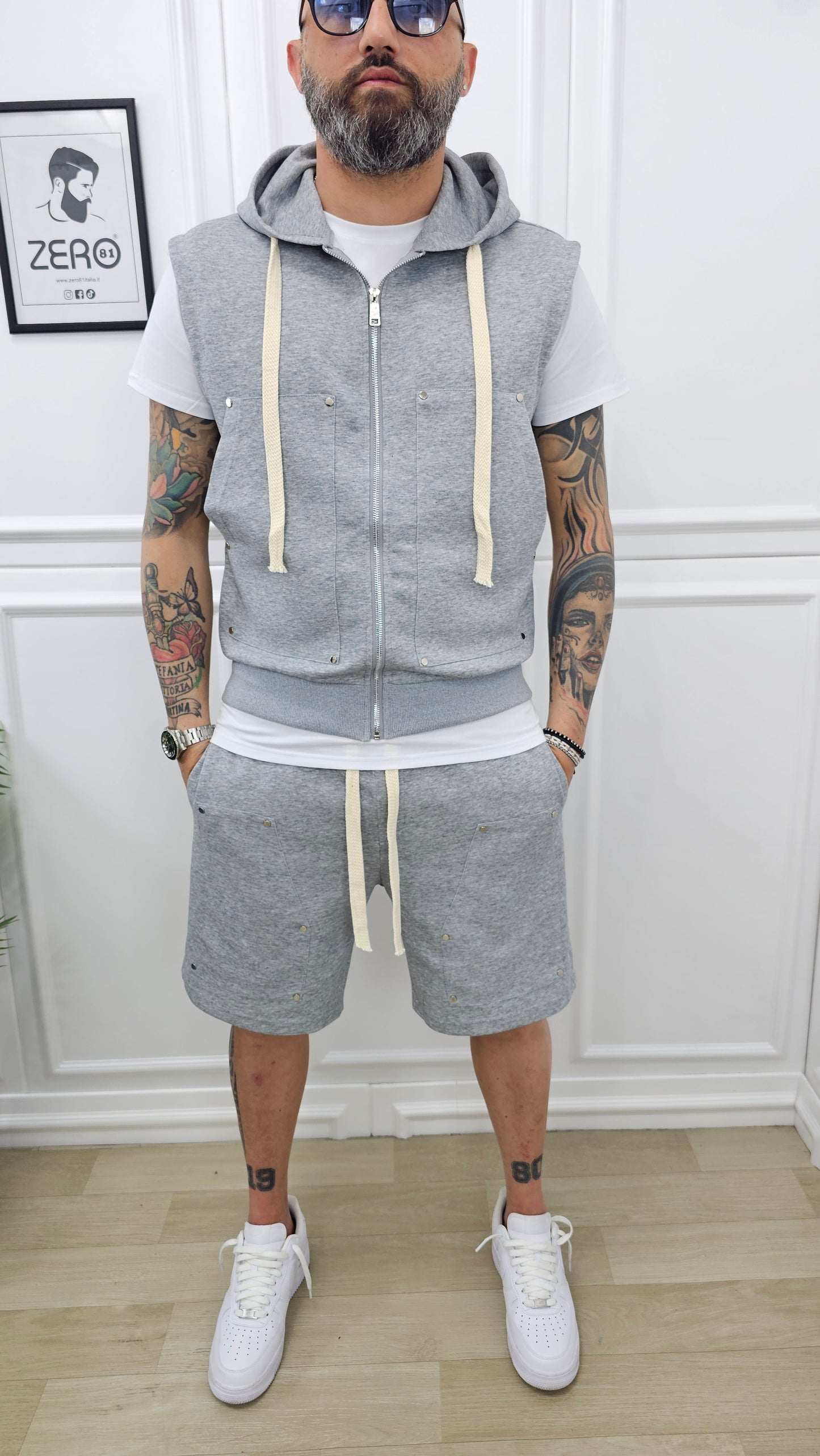 COMPLETO PRAGA GRIGIO BERMUDA+SMANICATO CAPPUCCIO+T-SHIRT S.M.L.XL.XXL