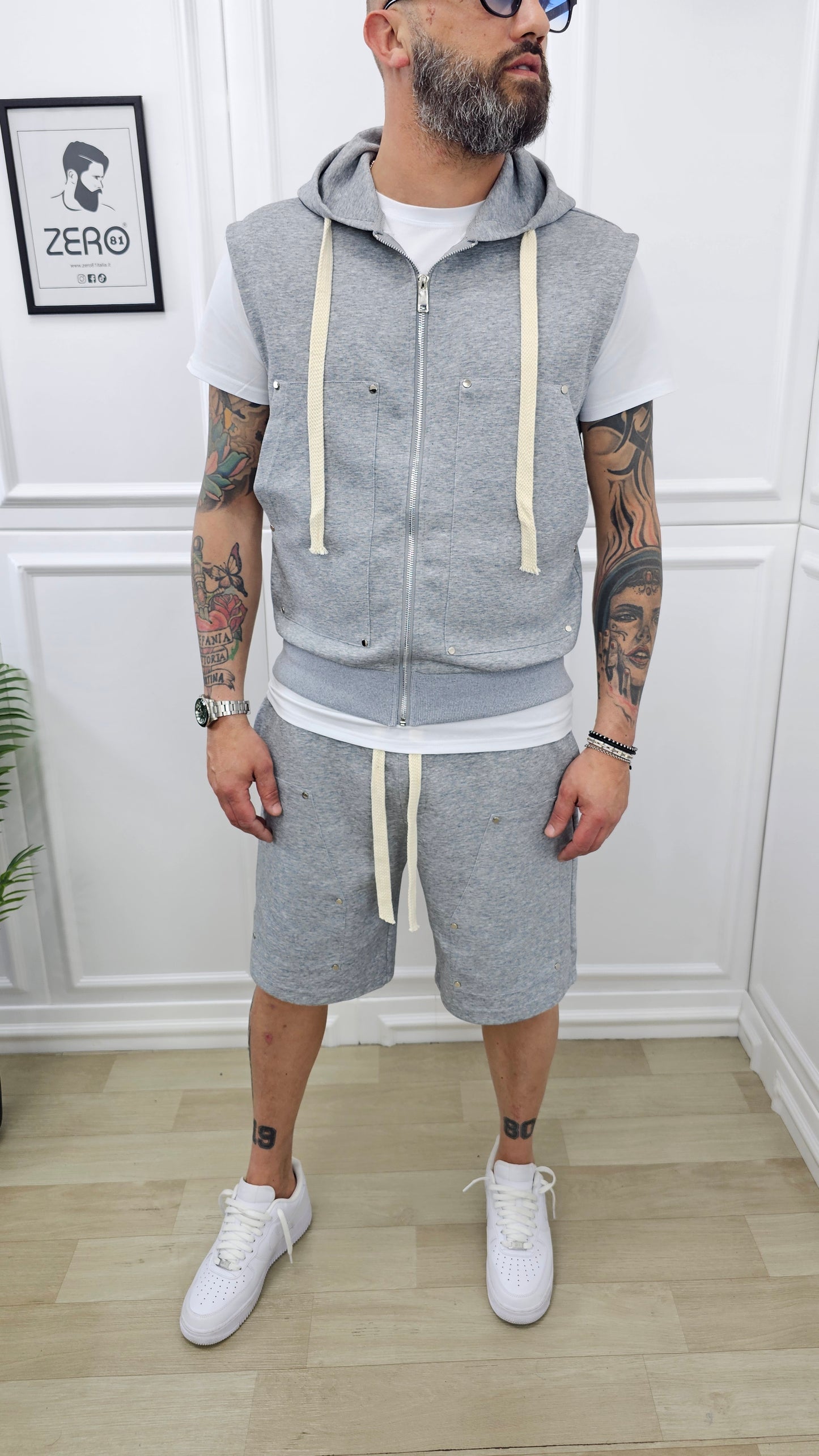 COMPLETO PRAGA GRIGIO BERMUDA+SMANICATO CAPPUCCIO+T-SHIRT S.M.L.XL.XXL