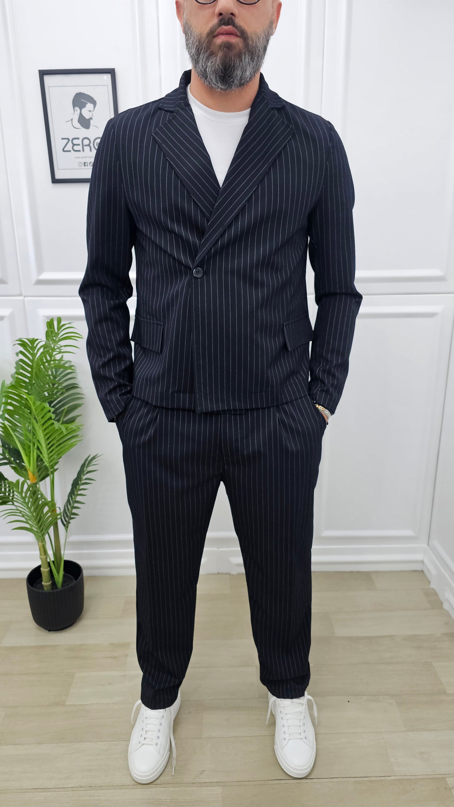 Abito uomo PARIGI doppiopetto Gessato Nero 1 Bottone Giacca corta +T-shirt+pantalone palazzo 44,46,48,50,52