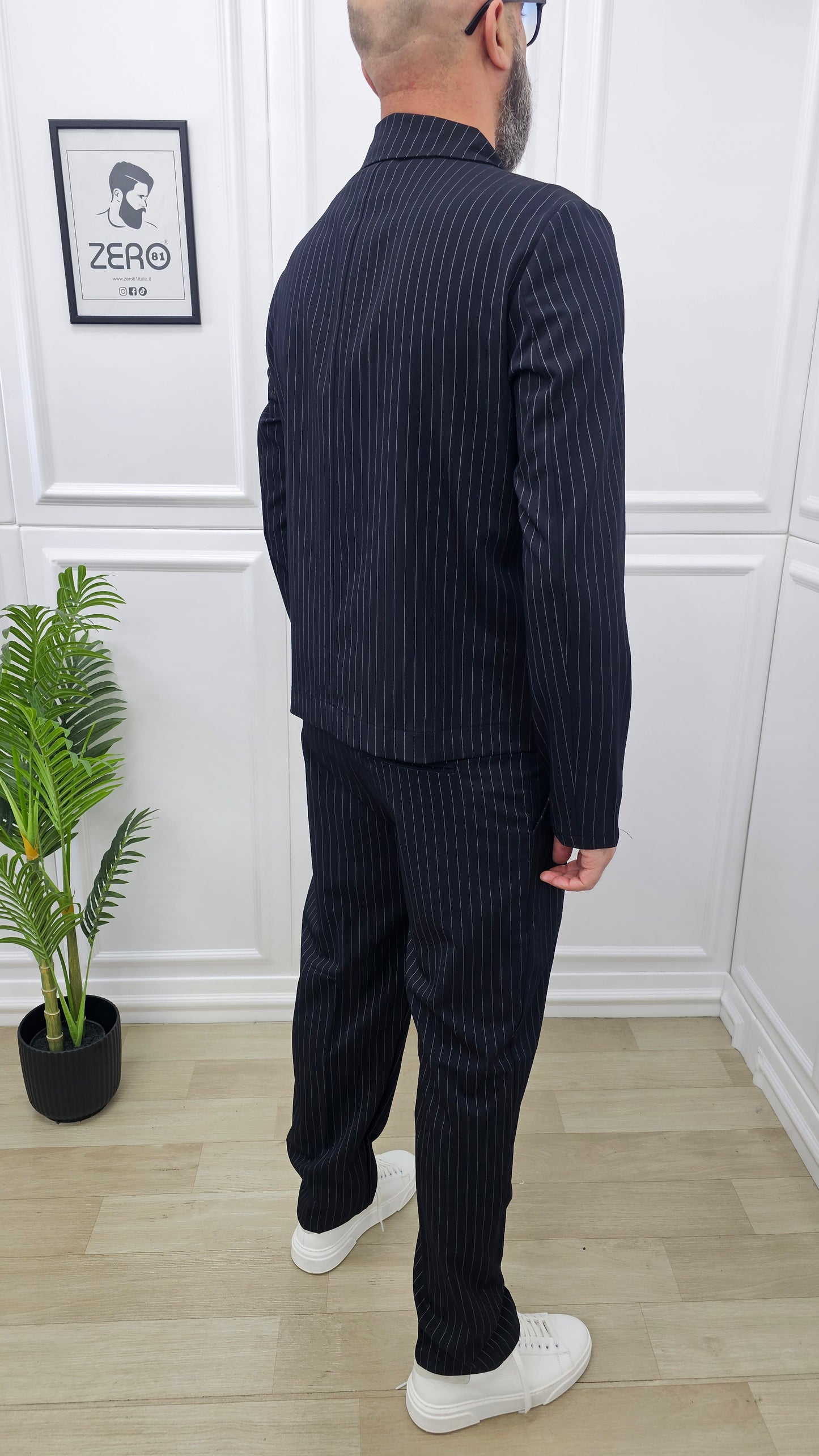Abito uomo PARIGI doppiopetto Gessato Nero 1 Bottone Giacca corta +T-shirt+pantalone palazzo 44,46,48,50,52