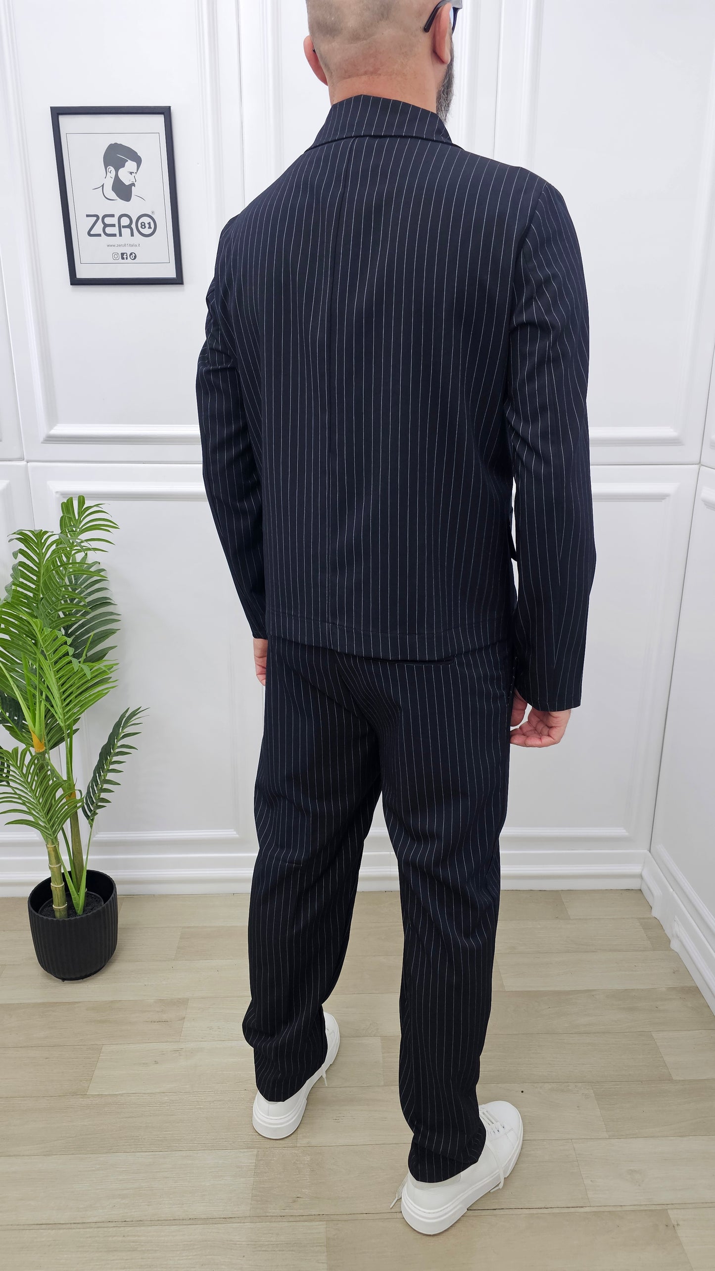 Abito uomo PARIGI doppiopetto Gessato Nero 1 Bottone Giacca corta +T-shirt+pantalone palazzo 44,46,48,50,52