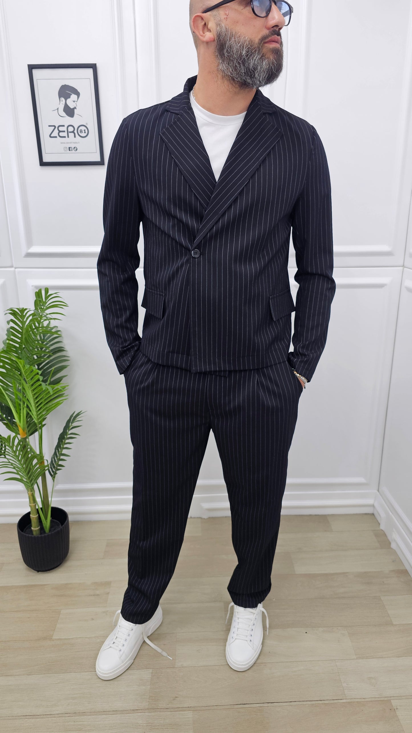 Abito uomo PARIGI doppiopetto Gessato Nero 1 Bottone Giacca corta +T-shirt+pantalone palazzo 44,46,48,50,52
