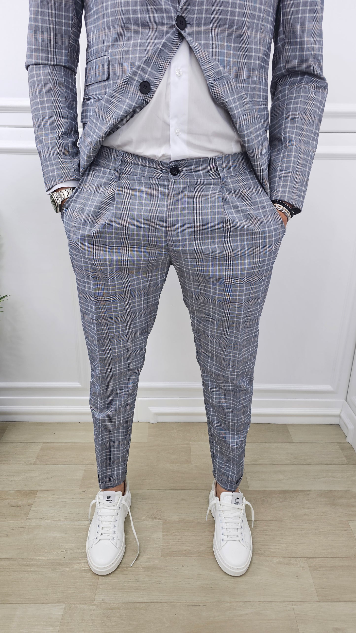 Abito completo 2 bottoni Galles quadri Giacca+Pantalone+Camicia  44,46,48,50,52,54