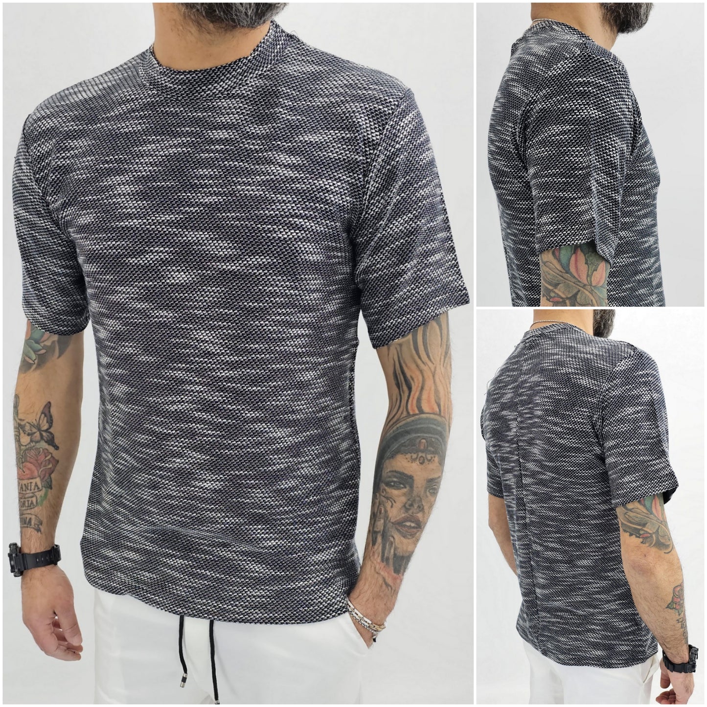 Maglia uomo cotone nido d'ape bianco/blu elastica t-shirt Coreana Manica corta