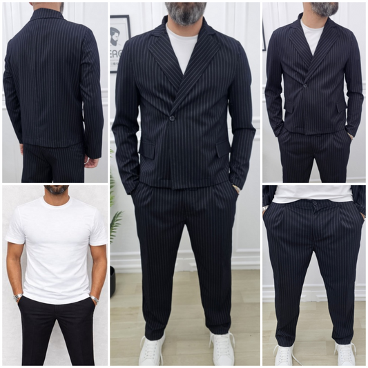 Abito uomo PARIGI doppiopetto Gessato Nero 1 Bottone Giacca corta +T-shirt+pantalone palazzo 44,46,48,50,52