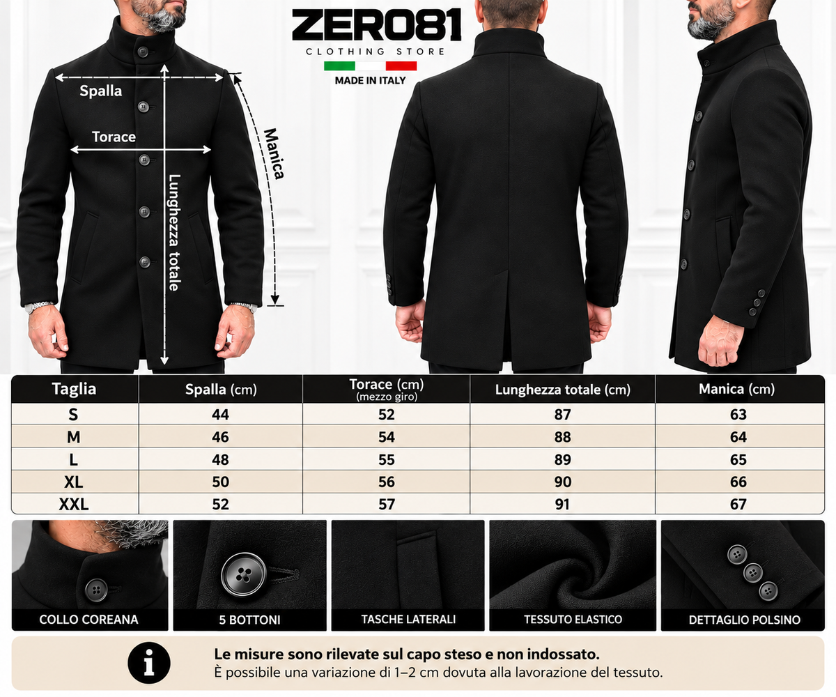 Cappotto Uomo Coreana  Nero invernale elastico italy s,m,l,xl,xxl