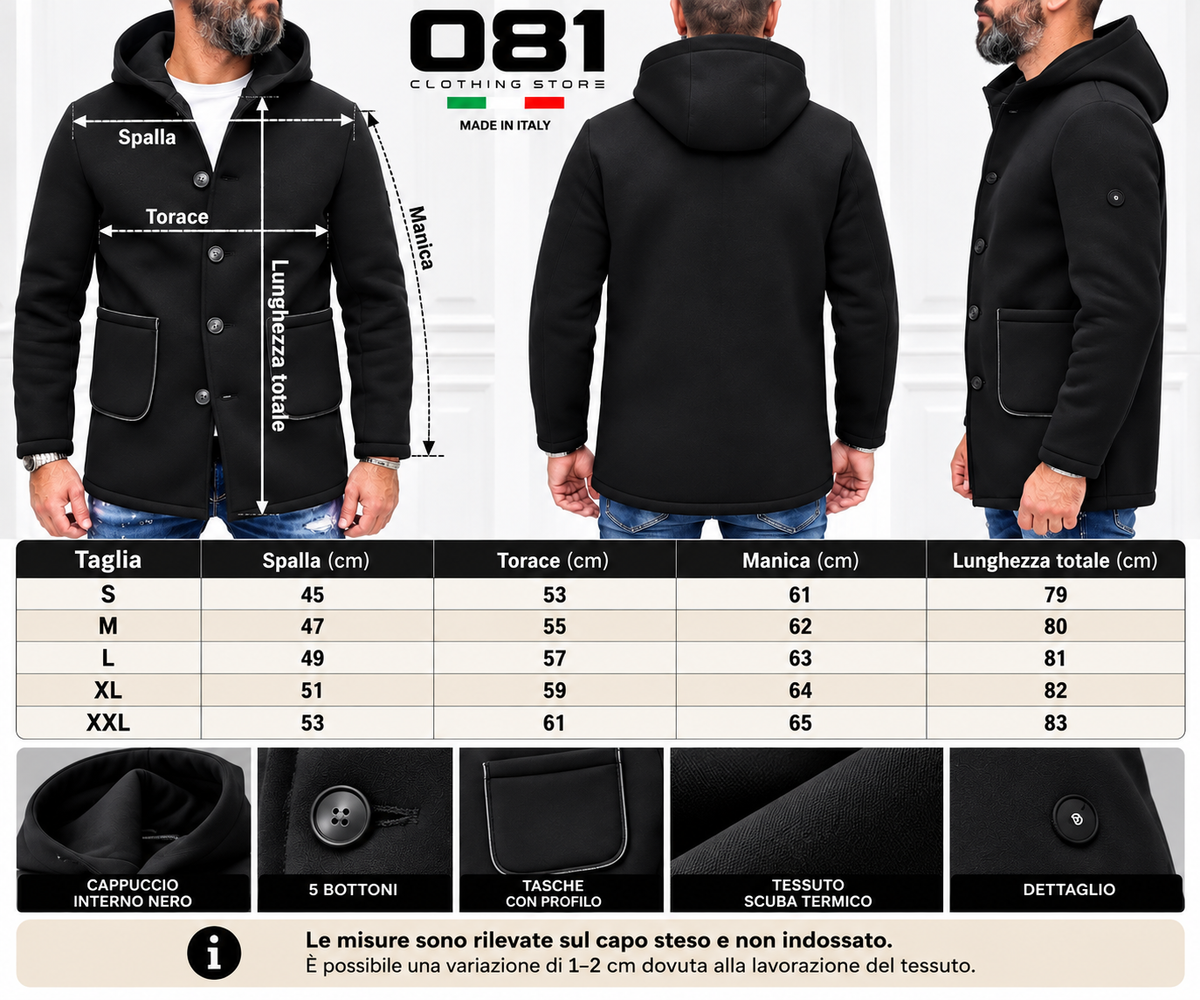 Cappotto Uomo Cappuccio Termico a coste Invernale Italy  Blu, Nero, Crema s,m,l,xl,xxl