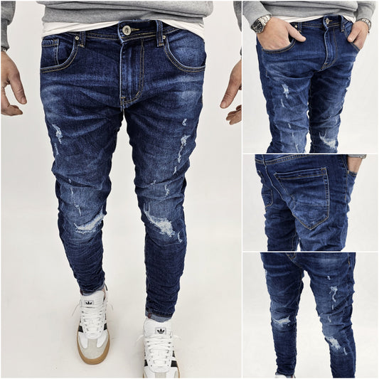 Jeans denim uomo Slim fit elasticizzati strech con strappi toppe blu 051