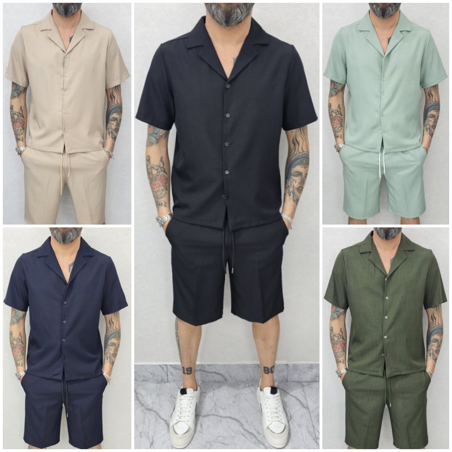 Completo uomo Camicia e bermuda tessuto fiammato elastico 5 colori s,m,l,xl,xxl