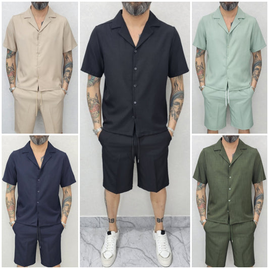Completo uomo Camicia e bermuda tessuto fiammato elastico 5 colori s,m,l,xl,xxl