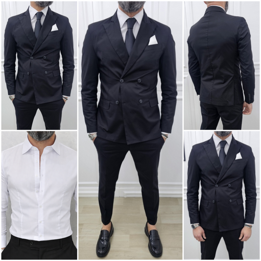 Abito uomo doppiopetto+camicia+cravatta Tinta Unita Nero made in italy  44,46,48,50,52,54