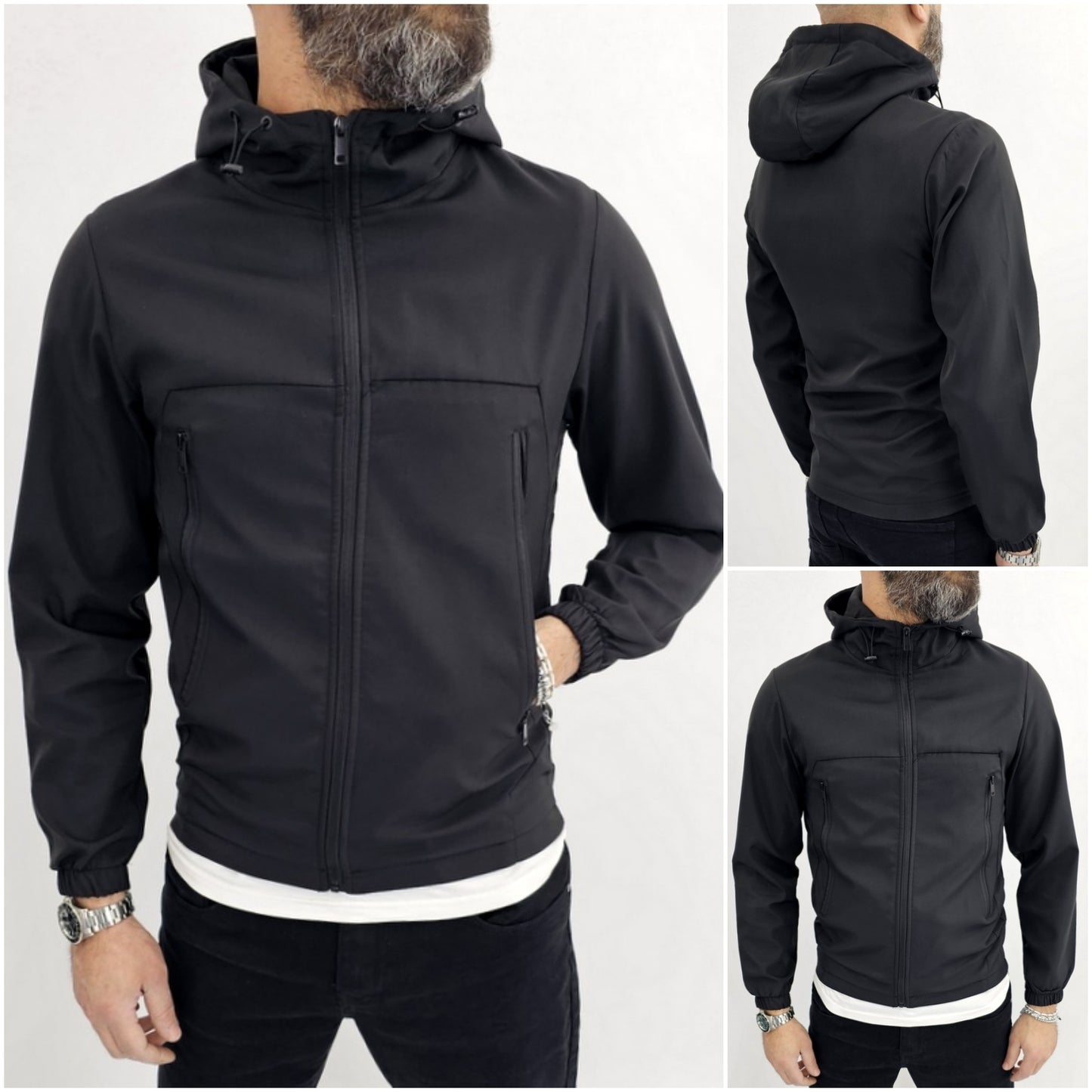 Giubbino uomo primaverile Cappuccio tech nero/grigio/verde