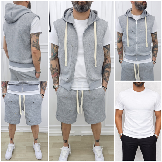 COMPLETO PRAGA GRIGIO BERMUDA+SMANICATO CAPPUCCIO+T-SHIRT S.M.L.XL.XXL