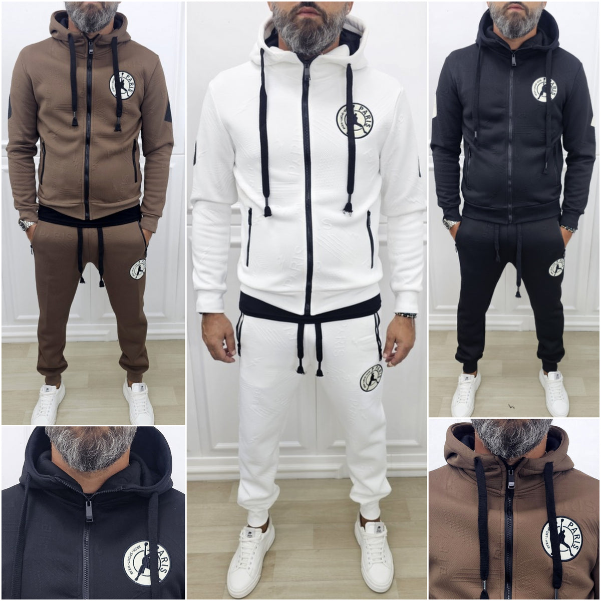 Tuta Paris rilievo felpata Cappuccio Tabacco, Nero, Bianco ,s,m,l,xl,xxl