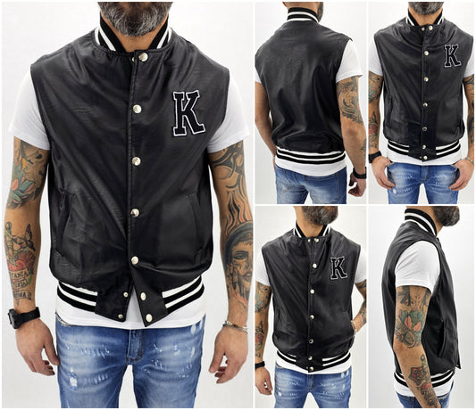 Smanicato gilet' Uomo college over size Foderato Eco pelle Nero Primaverile