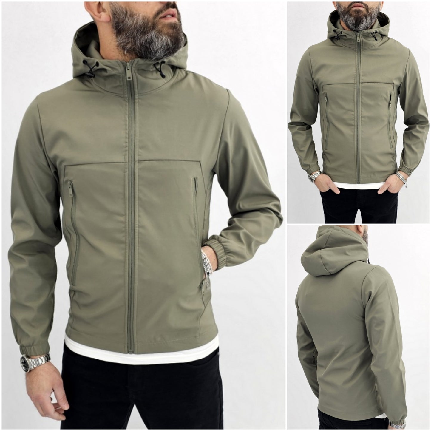 Giubbino uomo primaverile Cappuccio tech nero/grigio/verde