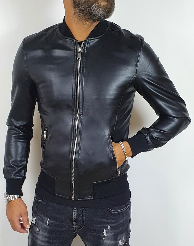 Giubbino Uomo Bomber nero Ecopelle Slim Fit foderato S,M,L,XL,XXL
