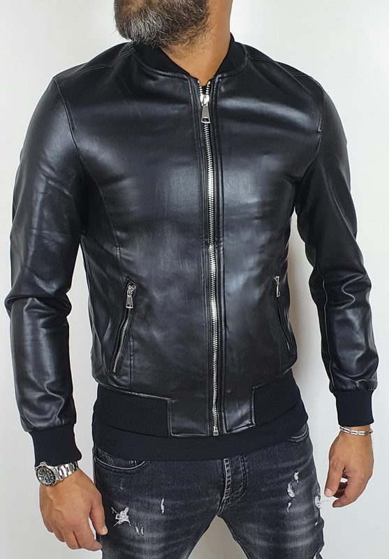 Giubbino Uomo Bomber nero Ecopelle Slim Fit foderato S,M,L,XL,XXL