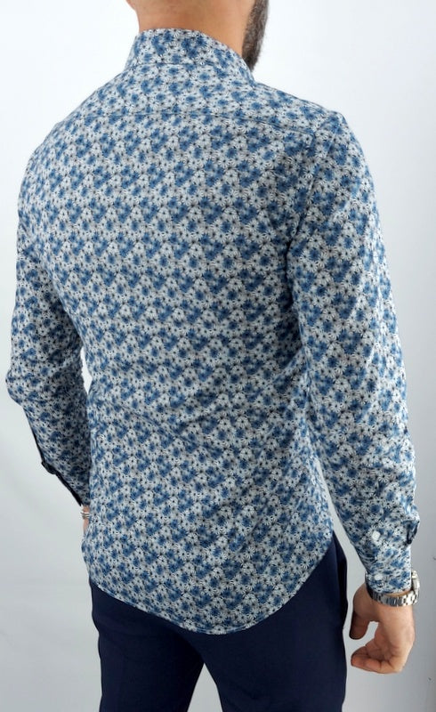 Camicia uomo Tessuto Elastico casual Collo Floreale fiori piccoli blu Manica lunga Slim