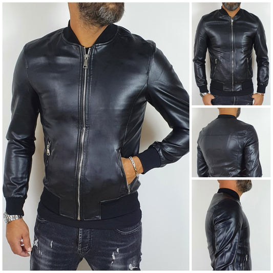 Giubbino Uomo Bomber nero Ecopelle Slim Fit foderato S,M,L,XL,XXL